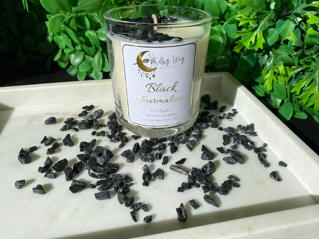 Black Tourmaline Crystal Infused Soy Candle - Milky Way Creations - Sydney - Crystal - Crystals - Candles - Soap - Howlite - Amethyst - Ethically Sources - Stones - gemstones - wholesale - amazonite